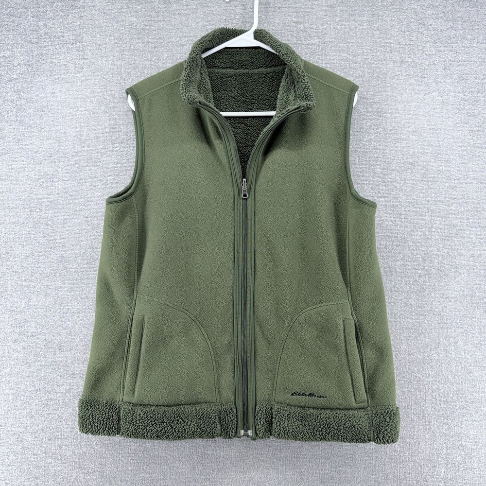 Eddie Bauer Reversible Sherpa Fleece Vest Women Size Large Green Outdoor